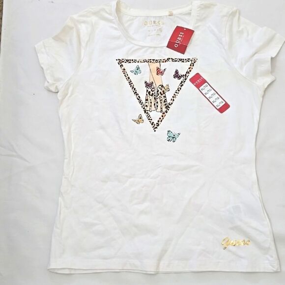 GUESS T-Shirt Top Size XL WHITE Printed Butterflies & Heels - Picture 1 of 8